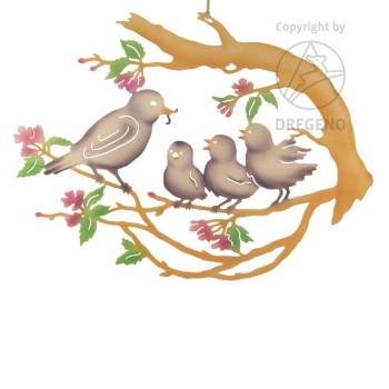 Fensterbild Vogelfamilie auf Baum farbig