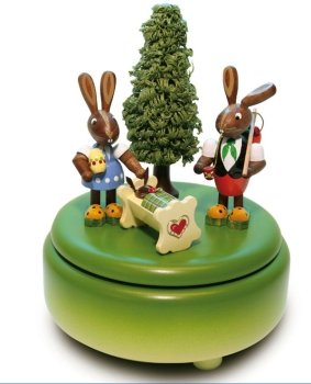 Spieldose grün Hasenfamilie