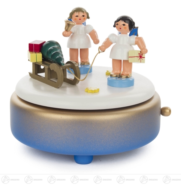 Spieldose blau/weiß/gold Engel am Geschenkeschlitten