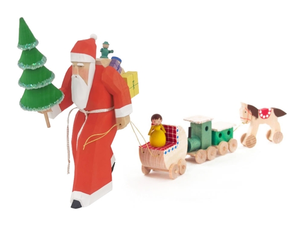 Weihnachtsmann mit Spielzeugzug geschnitzt 